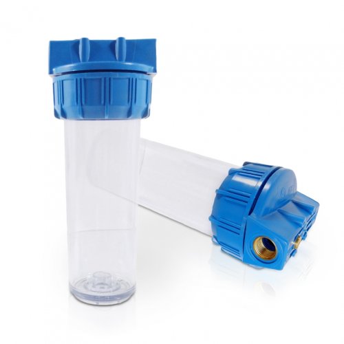 RF Standard Wasserfilter Filtergehäuse 10 Zoll,  mit 1 Zoll MS-Innengewinde, blau/transparent